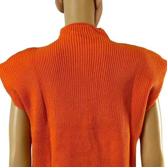 Women Sweater Shoulder Pad Knit Vest Medium Orange High Neck Cotton Top Knit - Picture 8 of 16